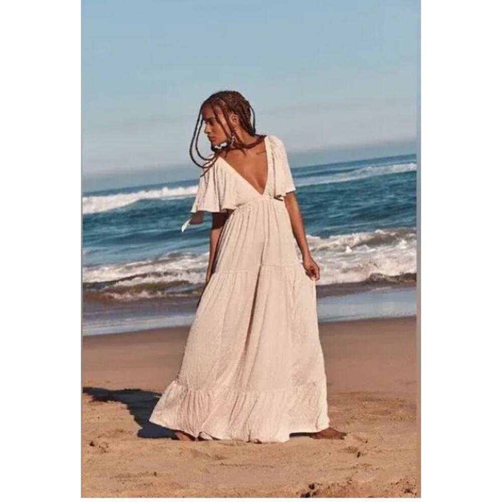 NEW! FP BEACH 'La La' Tiered Flutter Sleeve Maxi Dressin SALT (S) - Picture 2 of 5